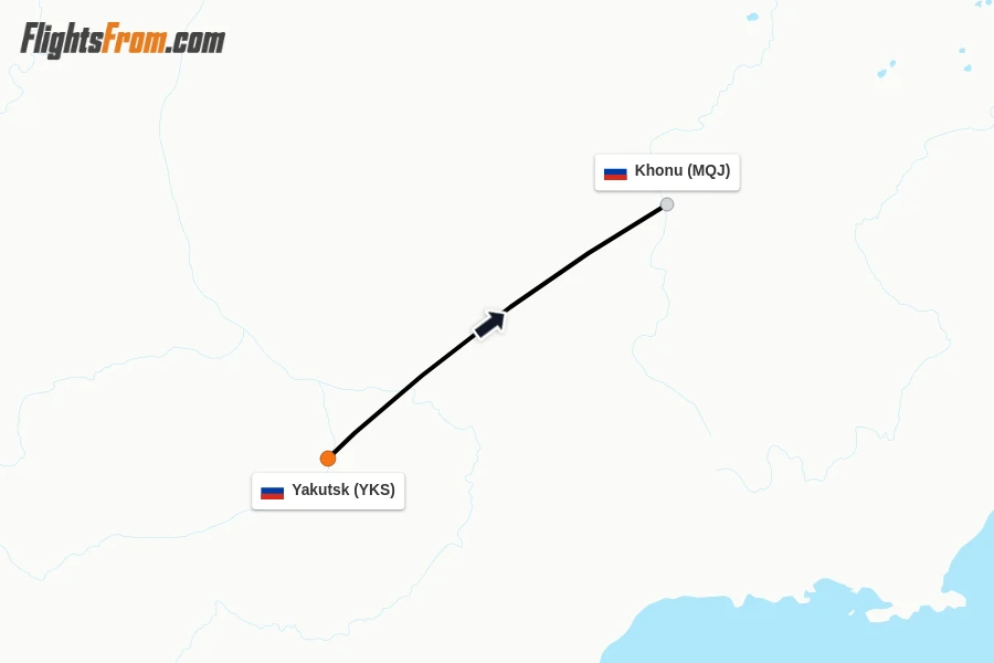 Flights from Yakutsk to Khonu route map