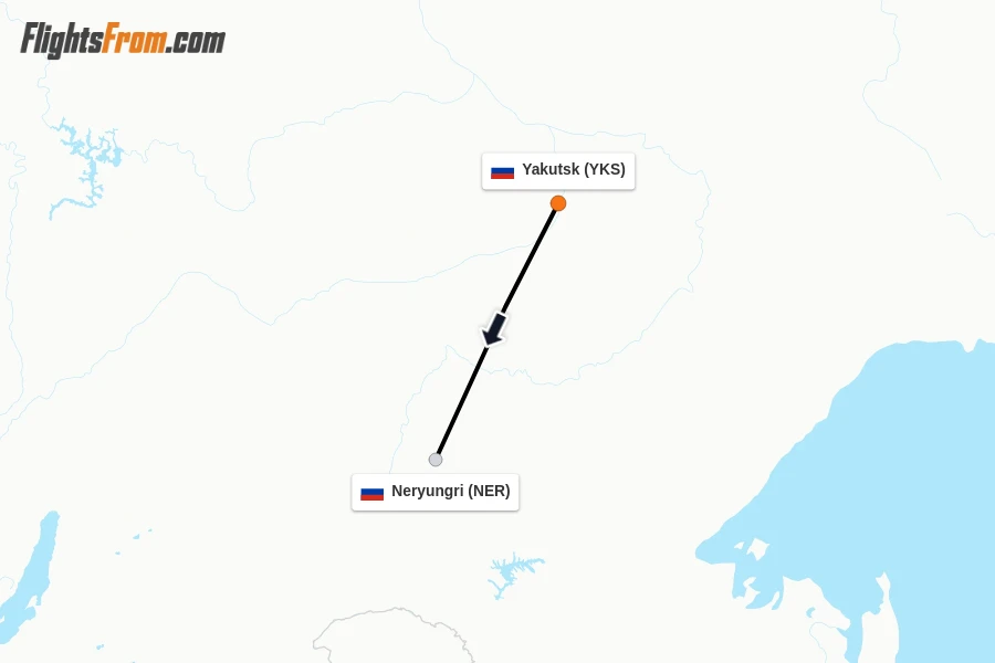 Flights from Yakutsk to Neryungri route map