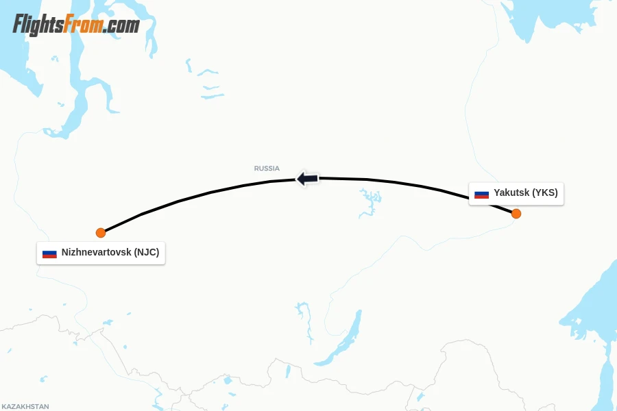 Flights from Yakutsk to Nizhnevartovsk route map