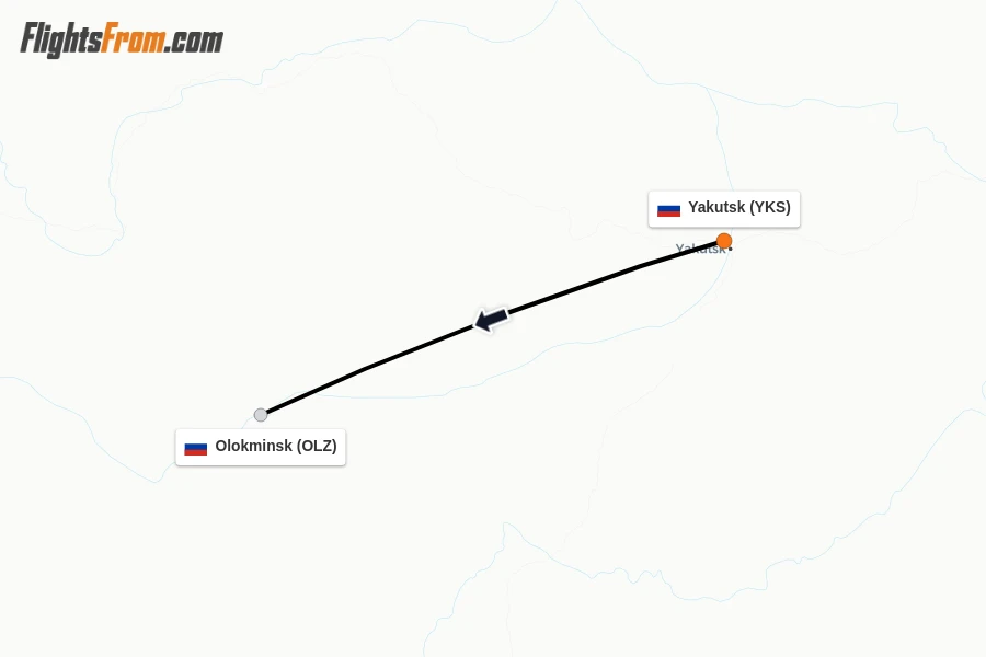 Flights from Yakutsk to Olokminsk route map