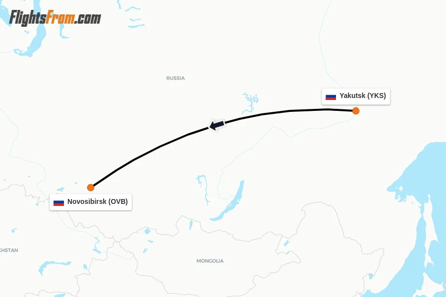Flights from Yakutsk to Novosibirsk route map