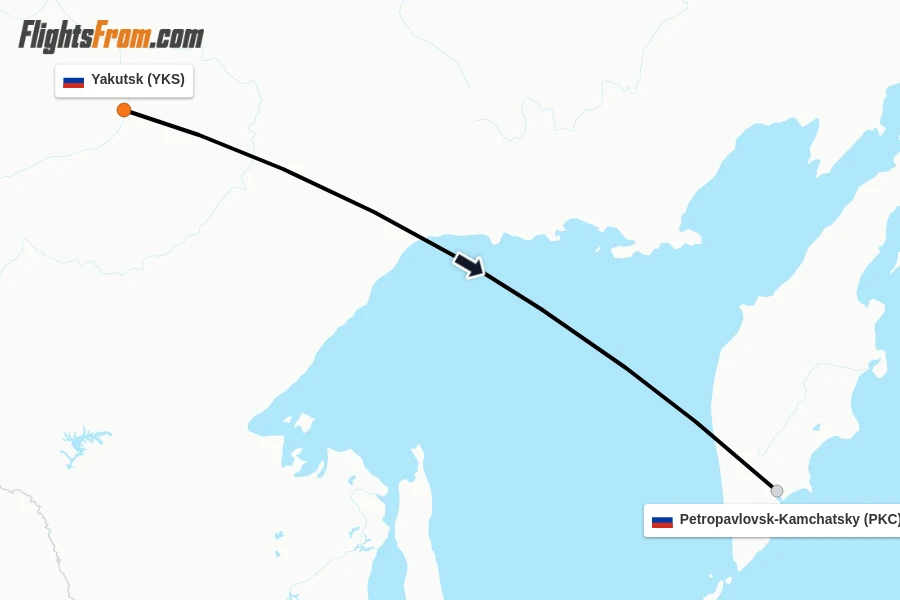 Flights from Yakutsk to Petropavlovsk-Kamchatsky route map