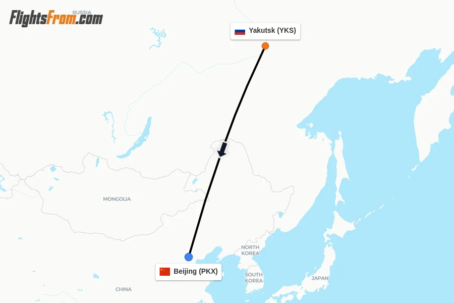 Flights from Yakutsk to Beijing route map