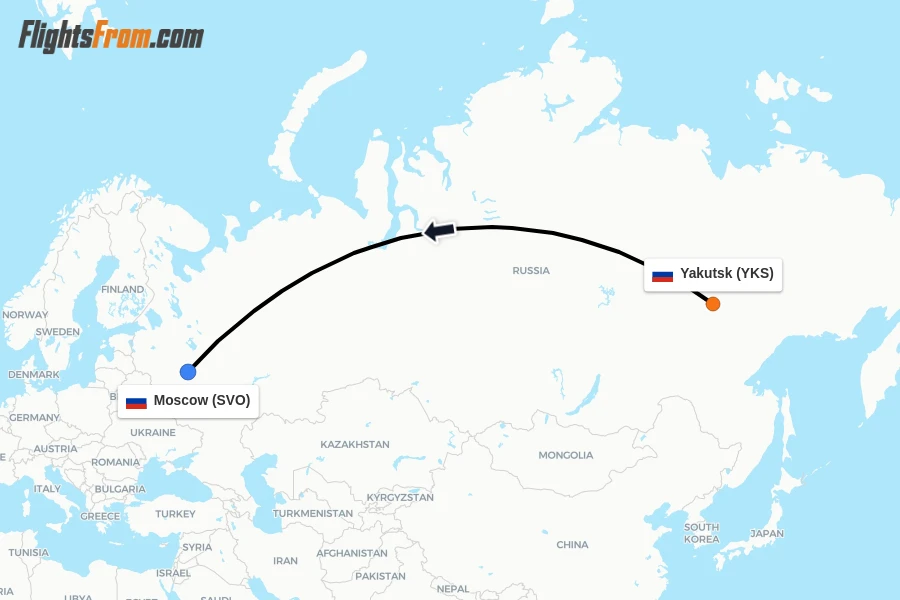 Flights from Yakutsk to Moscow route map