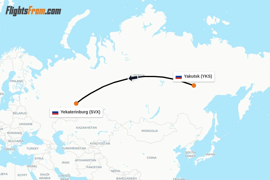 Flights from Yakutsk to Yekaterinburg route map