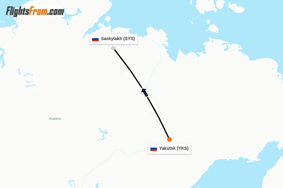 Flights from Yakutsk to Saskylakh route map