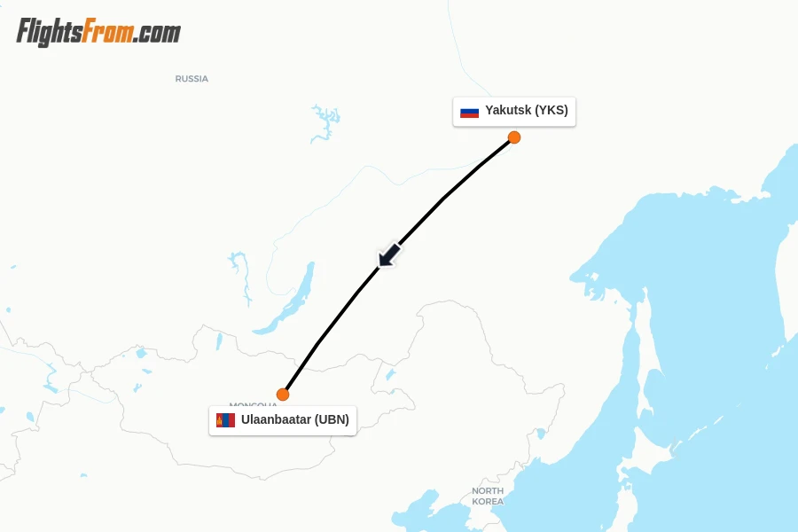 Flights from Yakutsk to Ulaanbaatar route map