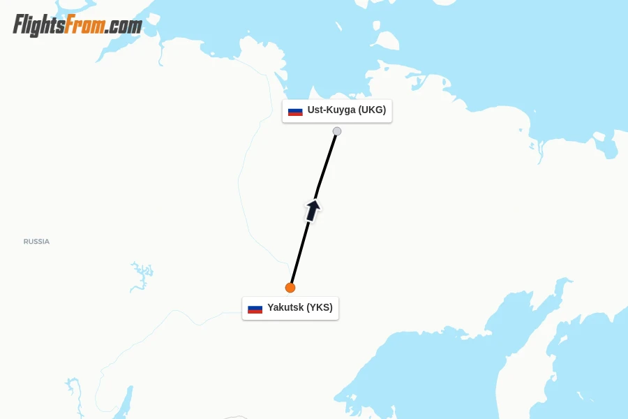 Flights from Yakutsk to Ust-Kuyga route map