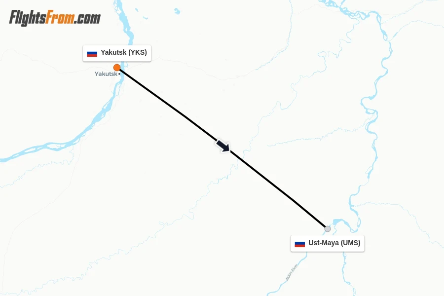 Flights from Yakutsk to Ust-Maya route map