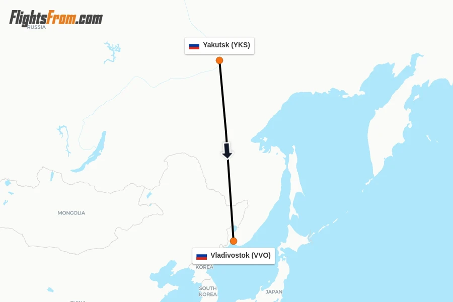 Flights from Yakutsk to Vladivostok route map