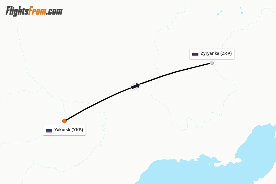 Flights from Yakutsk to Zyryanka route map