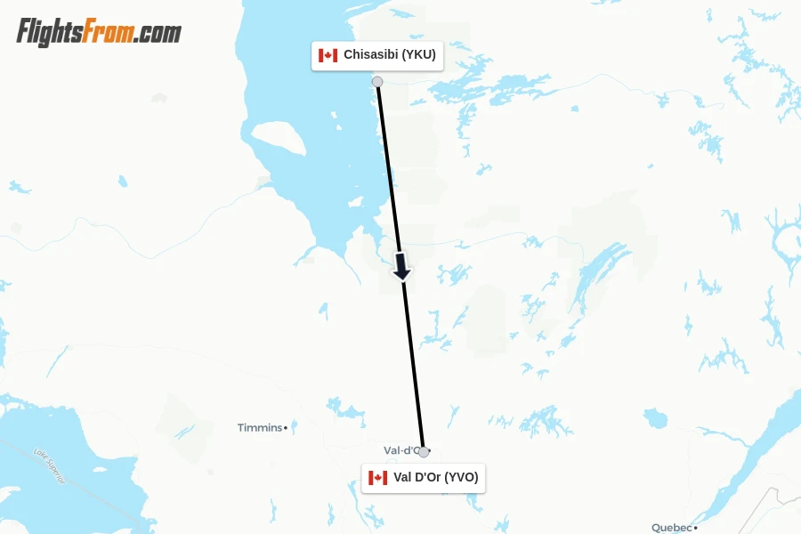 Flights from Chisasibi to Val D'Or route map