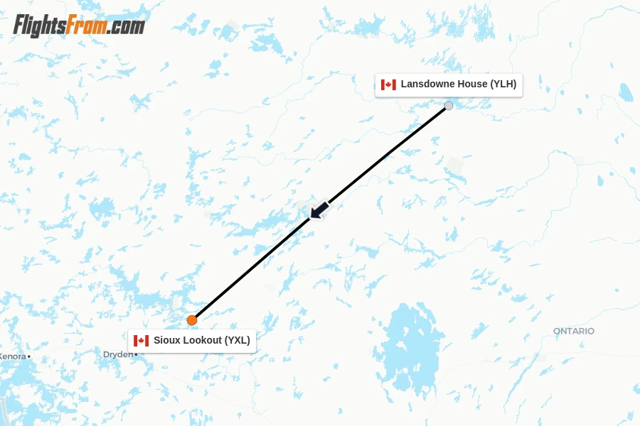 Flights from Lansdowne House to Sioux Lookout route map