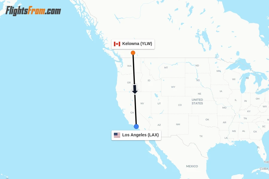 Flights from Kelowna to Los Angeles route map