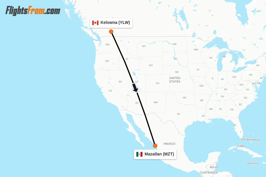 Flights from Kelowna to Mazatlan route map