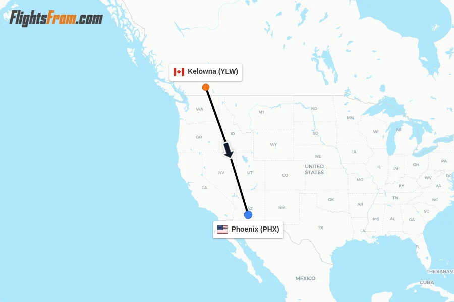 Flights from Kelowna to Phoenix route map