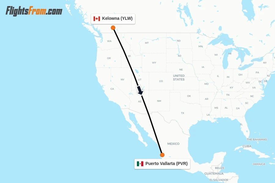 Flights from Kelowna to Puerto Vallarta route map