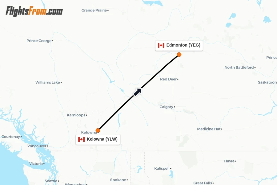 Flights from Kelowna to Edmonton route map