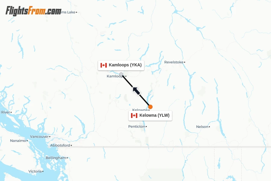 Flights from Kelowna to Kamloops route map