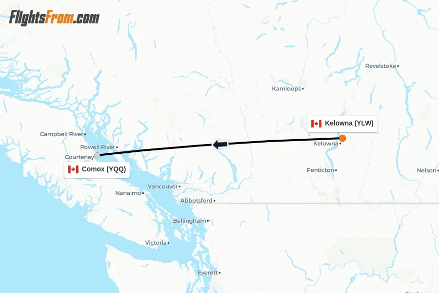 Flights from Kelowna to Comox route map