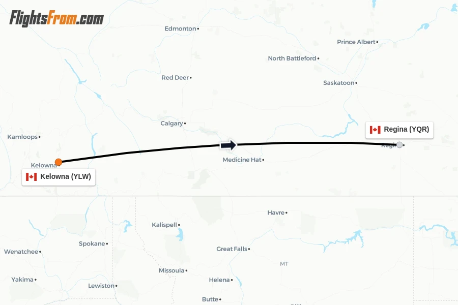 Flights from Kelowna to Regina route map