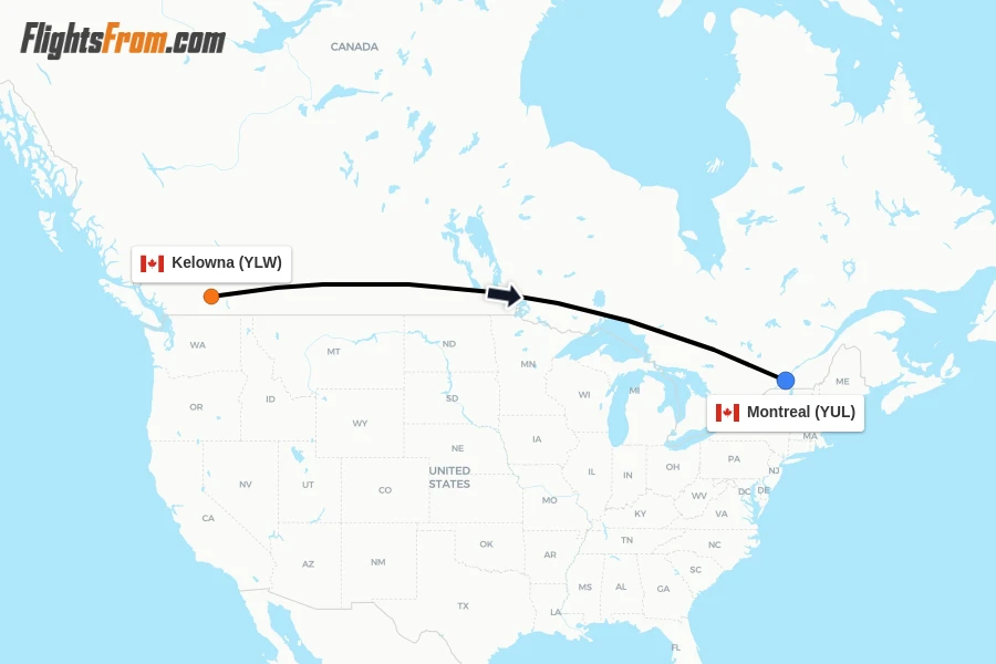 Flights from Kelowna to Montreal route map