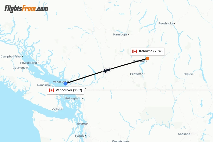 Flights from Kelowna to Vancouver route map