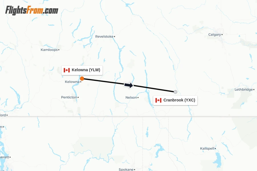 Flights from Kelowna to Cranbrook route map