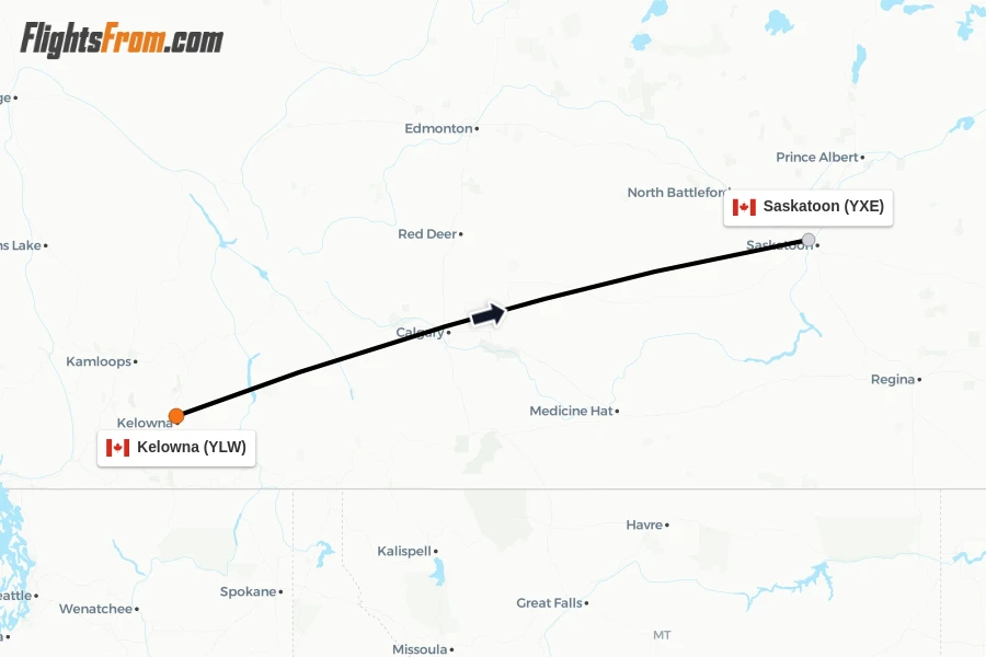Flights from Kelowna to Saskatoon route map