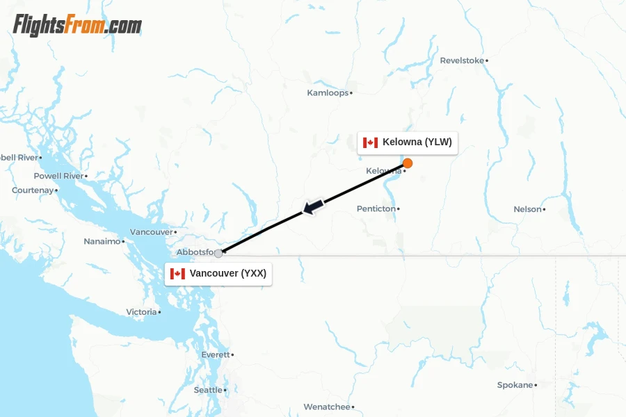 Flights from Kelowna to Vancouver route map