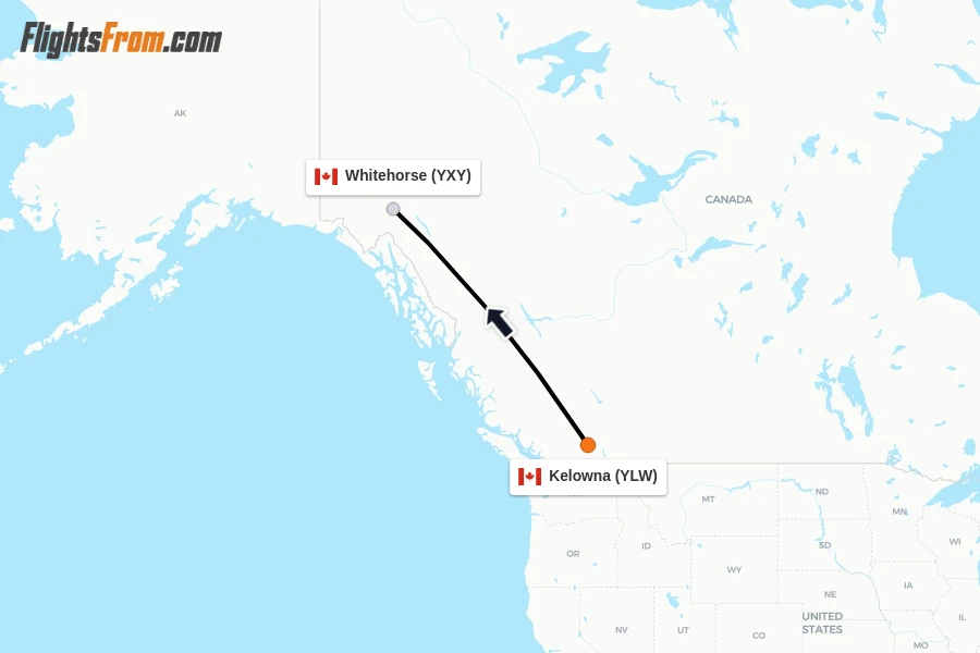 Flights from Kelowna to Whitehorse route map