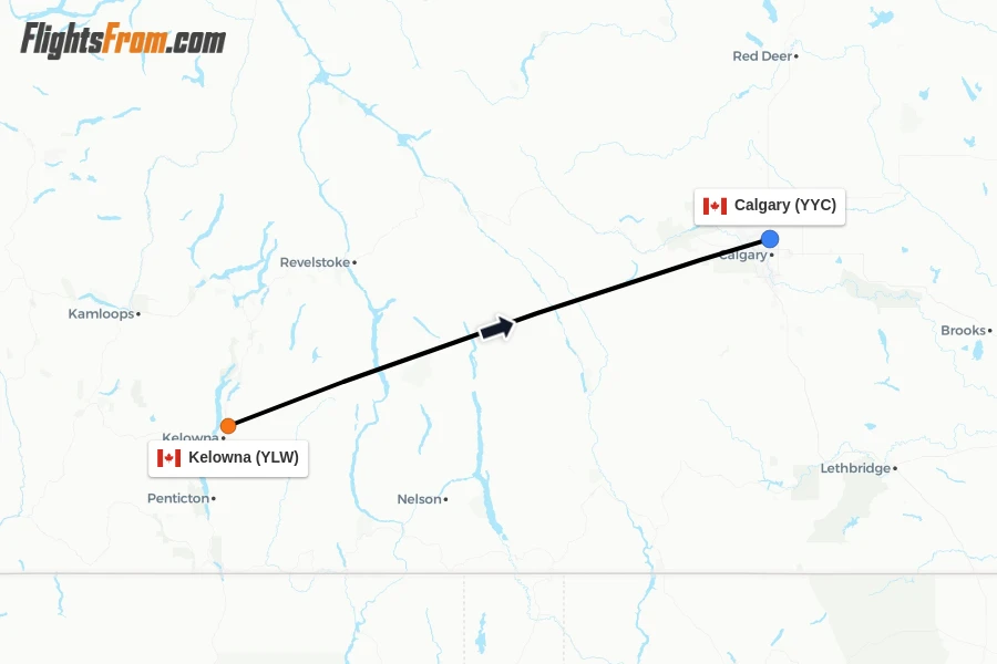 Flights from Kelowna to Calgary route map