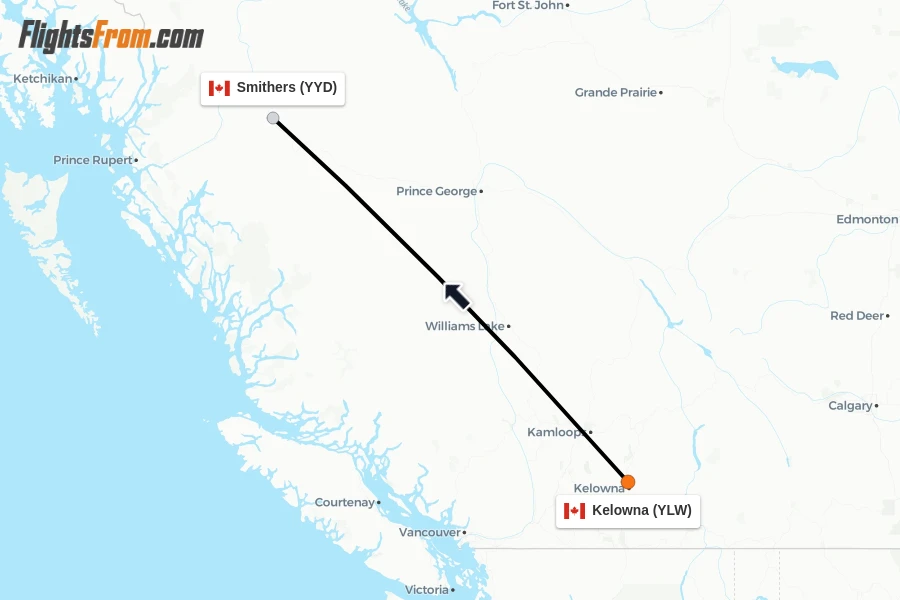 Flights from Kelowna to Smithers route map
