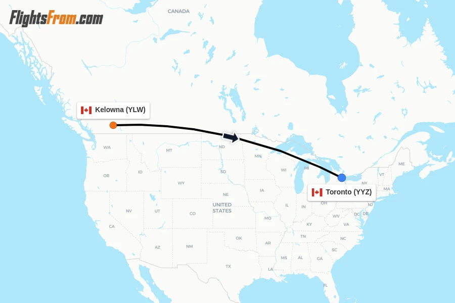 Flights from Kelowna to Toronto route map