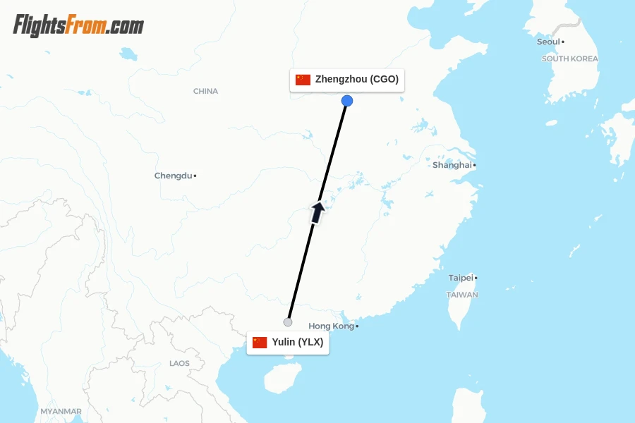 Flights from Yulin to Zhengzhou route map