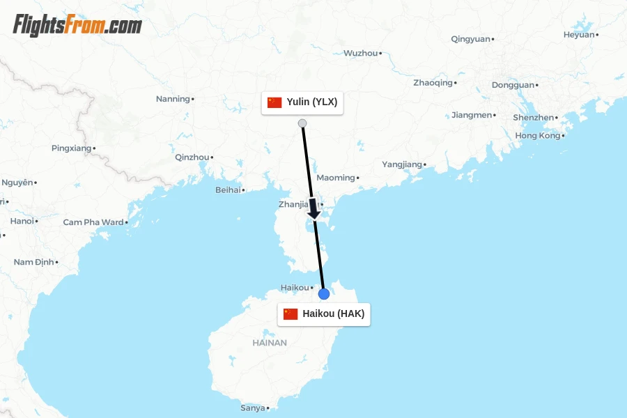 Flights from Yulin to Haikou route map