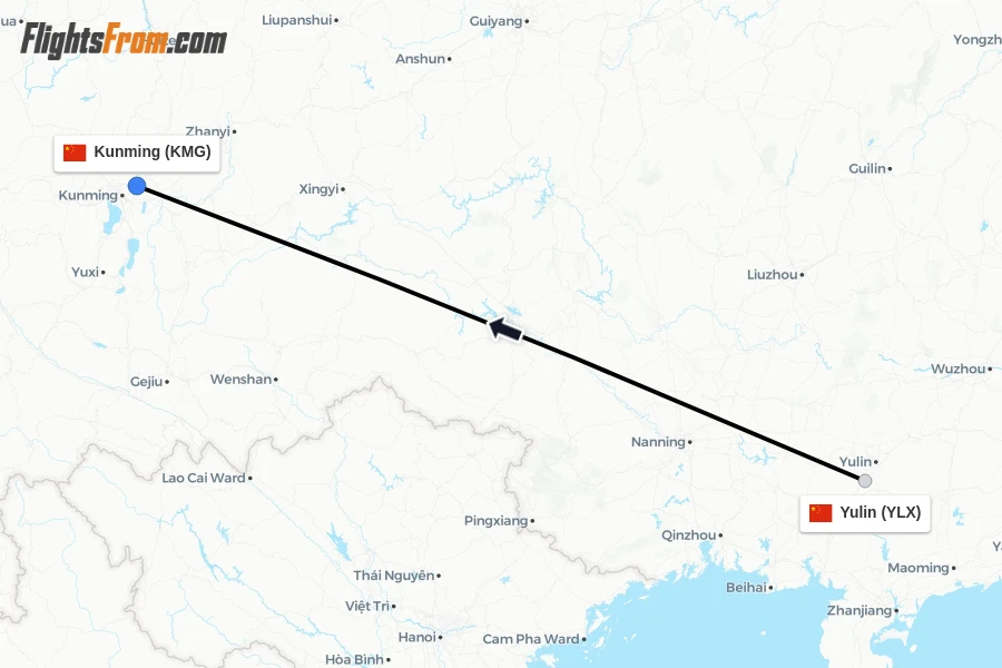 Flights from Yulin to Kunming route map