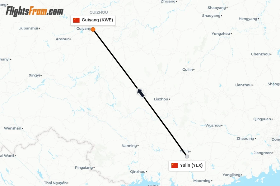 Flights from Yulin to Guiyang route map