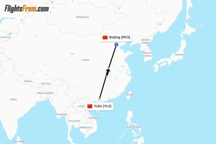 Flights from Yulin to Beijing route map
