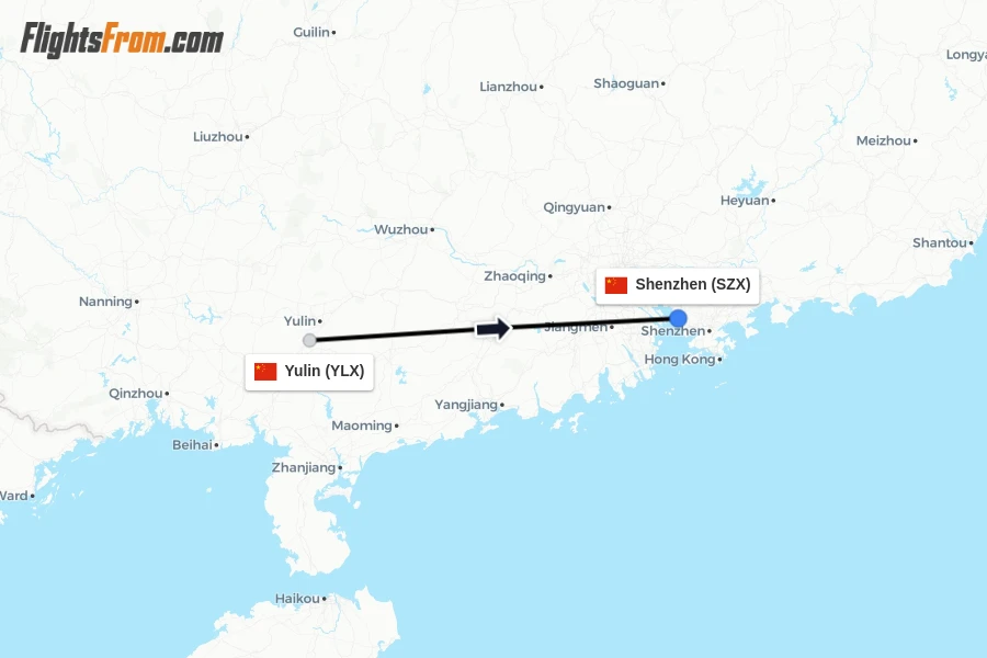 Flights from Yulin to Shenzhen route map