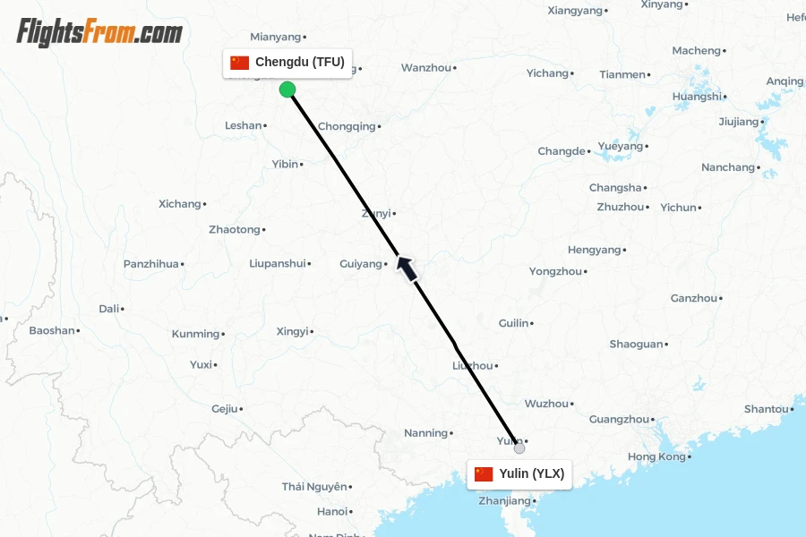 Flights from Yulin to Chengdu route map
