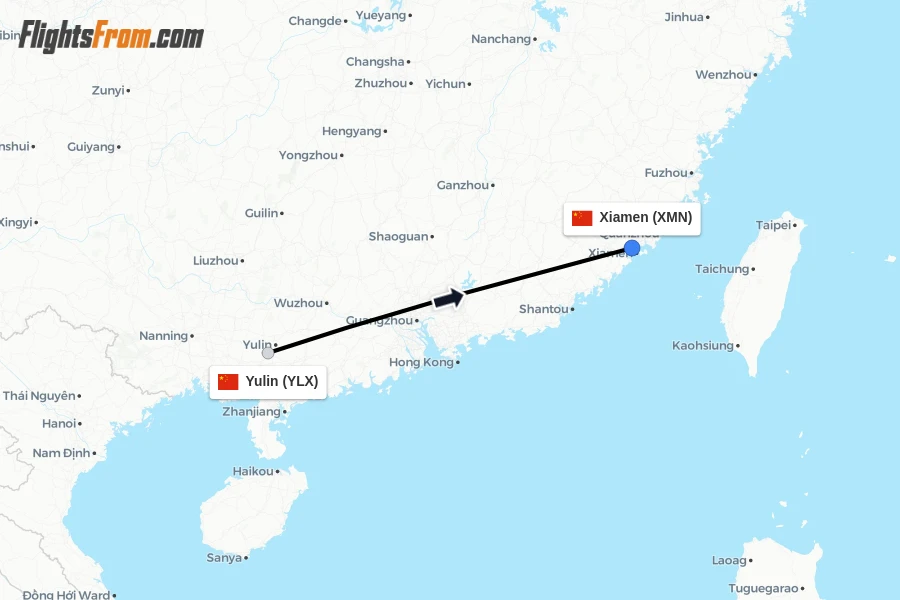 Flights from Yulin to Xiamen route map