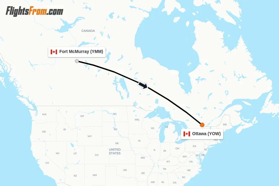 Flights from Fort McMurray to Ottawa route map