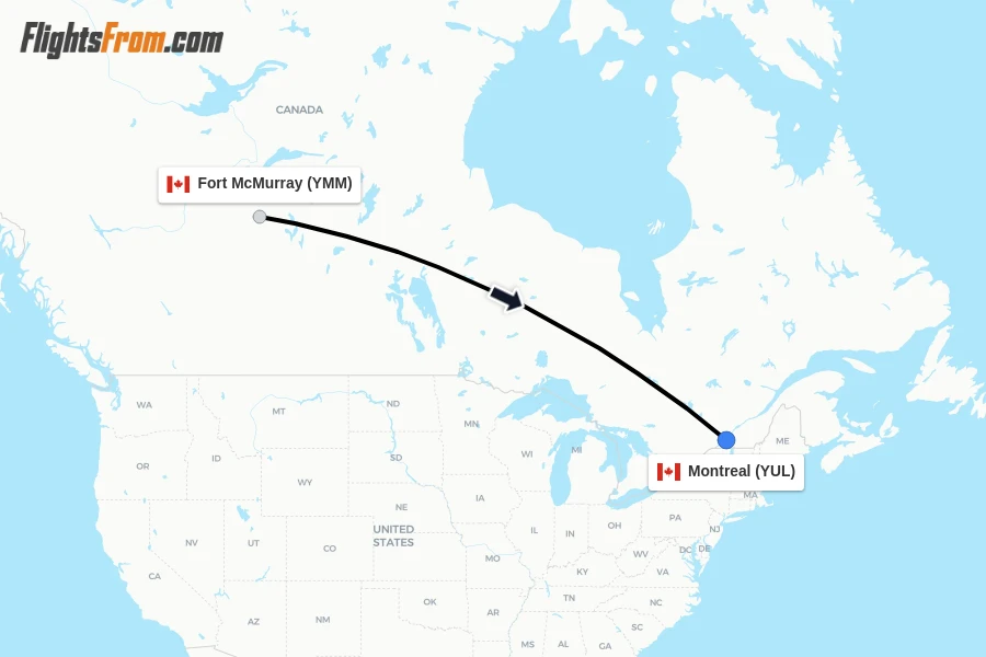 Flights from Fort McMurray to Montreal route map