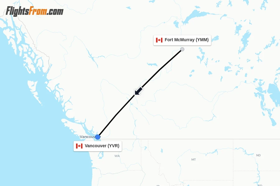 Flights from Fort McMurray to Vancouver route map