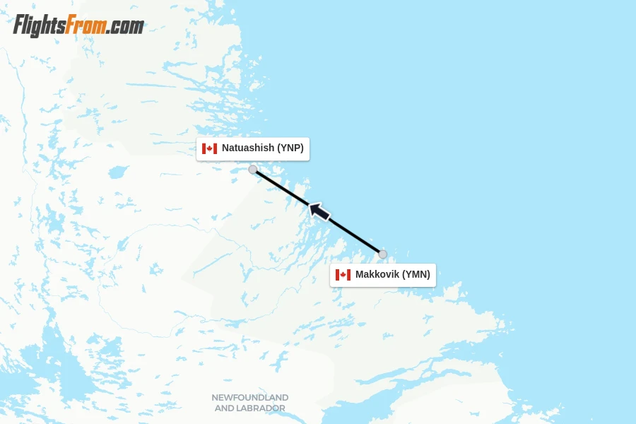 Flights from Makkovik to Natuashish route map