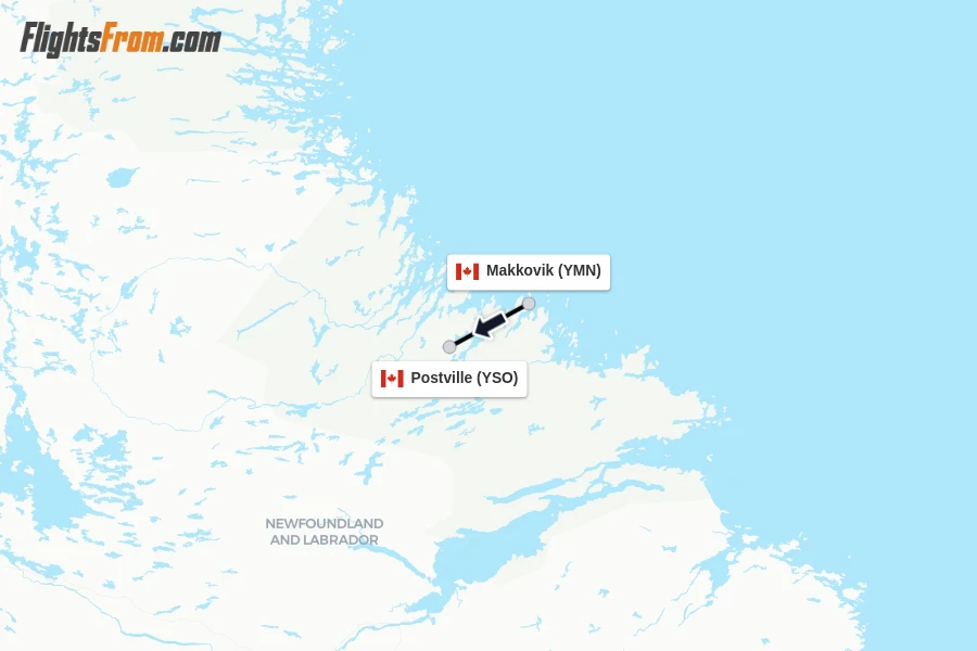 Flights from Makkovik to Postville route map