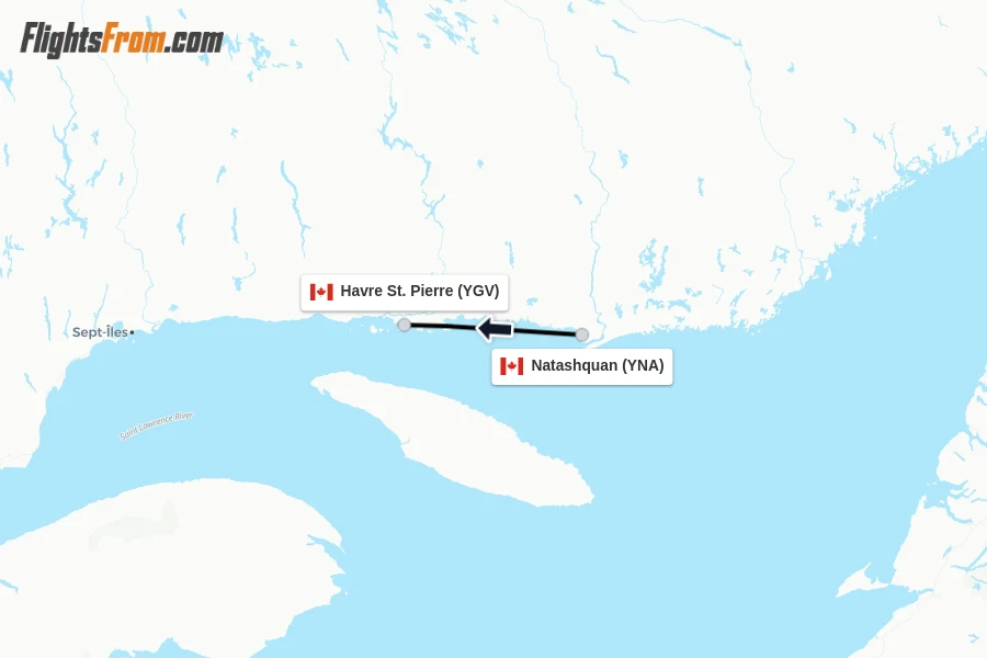Flights from Natashquan to Havre St. Pierre route map