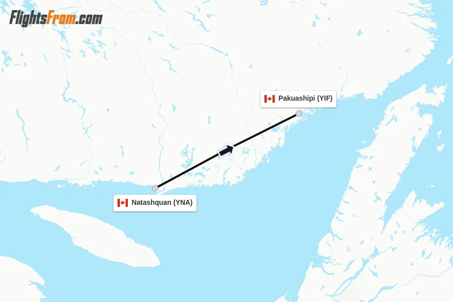 Flights from Natashquan to Pakuashipi route map