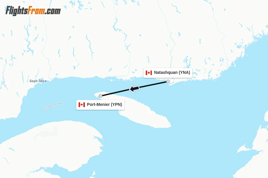 Flights from Natashquan to Port-Menier route map